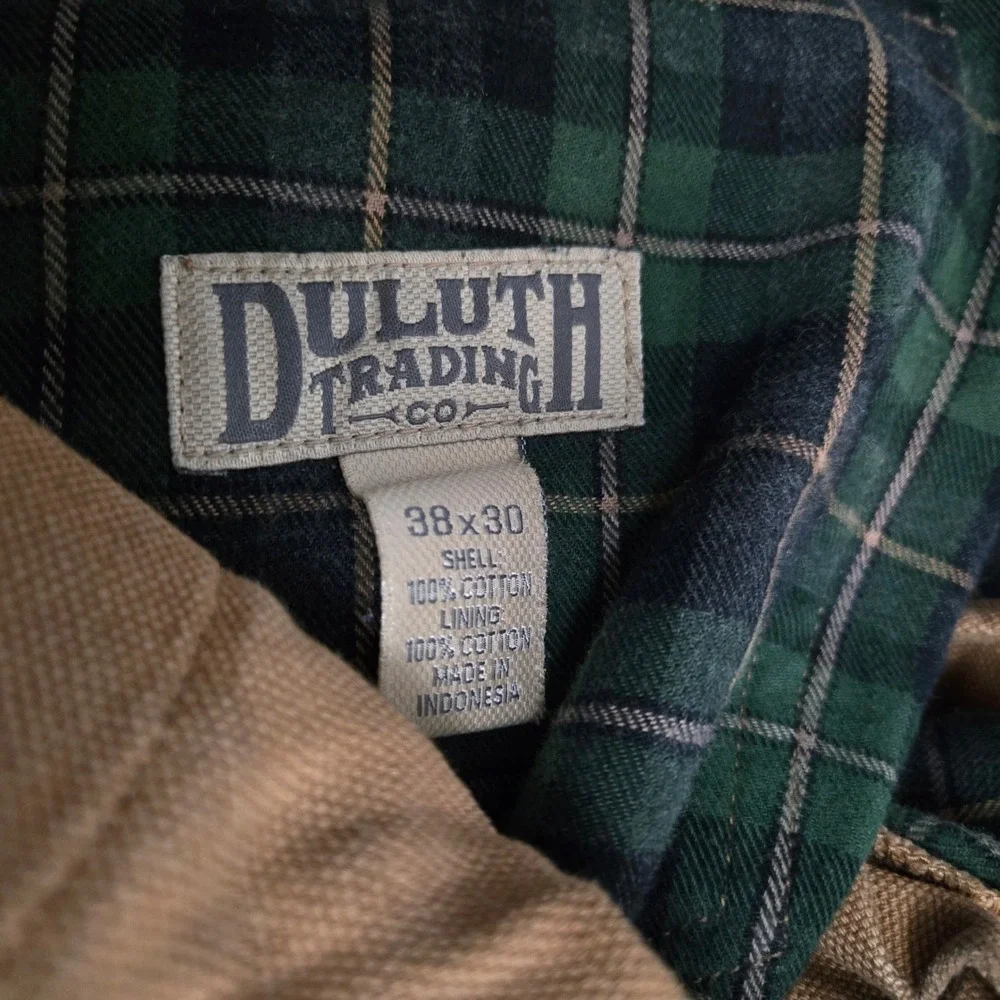 Duluth Trading Co Fire Hose Flannel Lined Work Pants 38x30 Brown Canvas Plaid